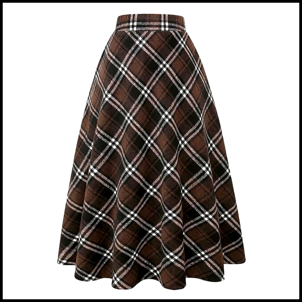 Long Plaid Wool Skirt High Waist A-Line Pleated Midi Tartan - Picture 1 of 6